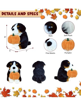 Cute puppy holding pumpkin plush toy